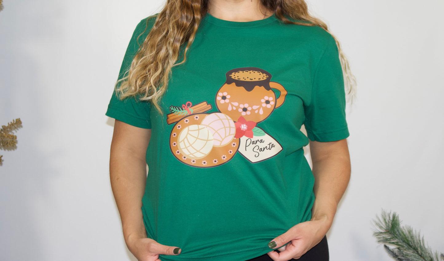 GREEN COLOR T SHIRT FRONT SIDE WITH WHITE AND PINK CONCHAS AND A MEXICAN JARRO IT SAY PARA SANT