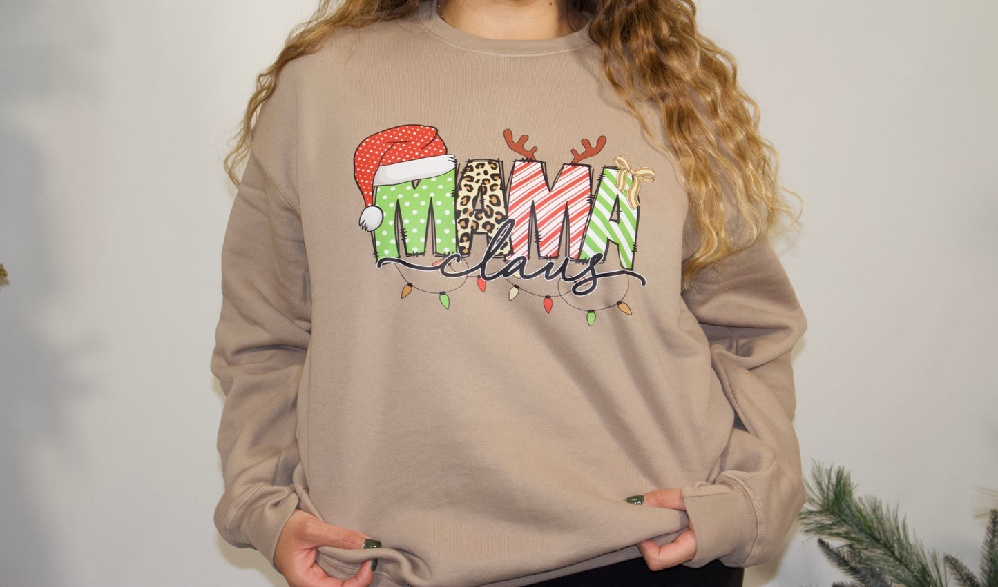 TAN SWEATSHIRT WITH MAMA CLAUS FRONT SIDE WITH COLORFUL LETTERS