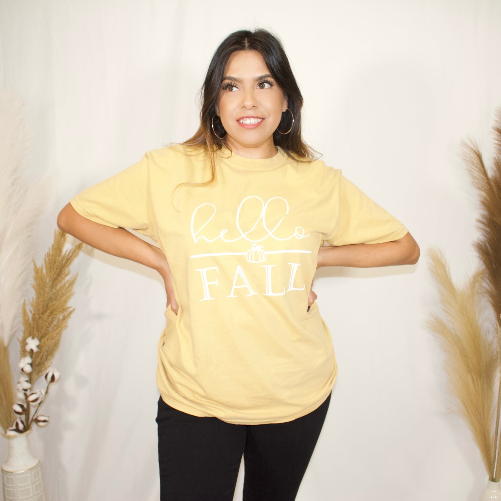 front side, close up mustard t-shirt with wording hello fall