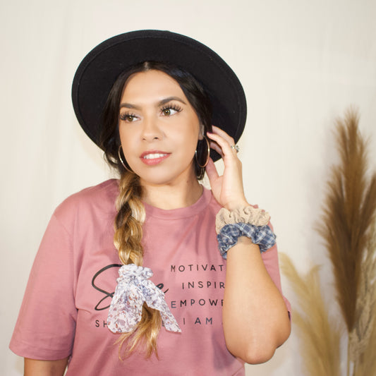 front side, hair braid with chiffon white, gray, tan scunchies