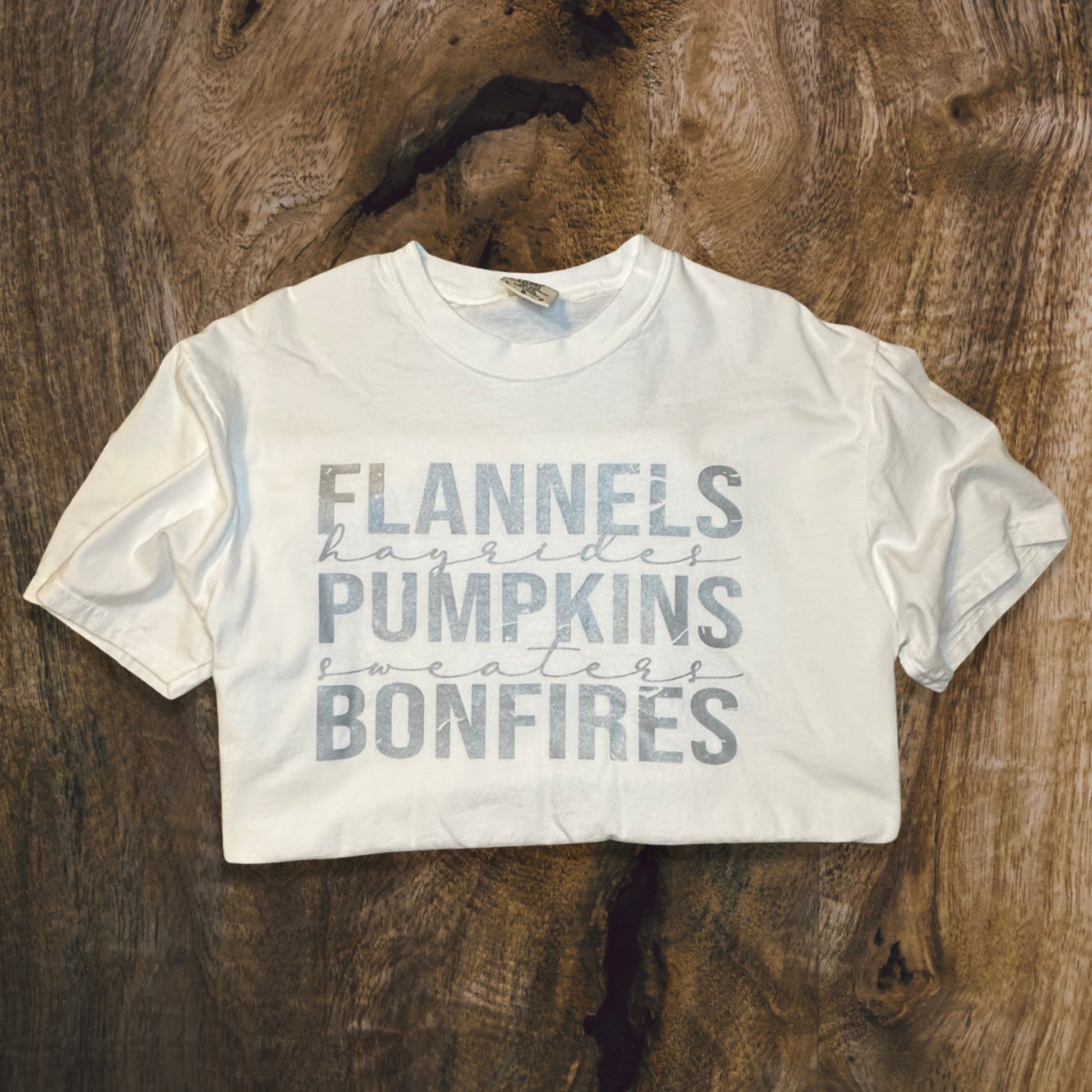 T-shirt with wording that say Flannels, Hayrides, Pumpkins, Sweaters, Bonfires front side, close up color white with gray letters