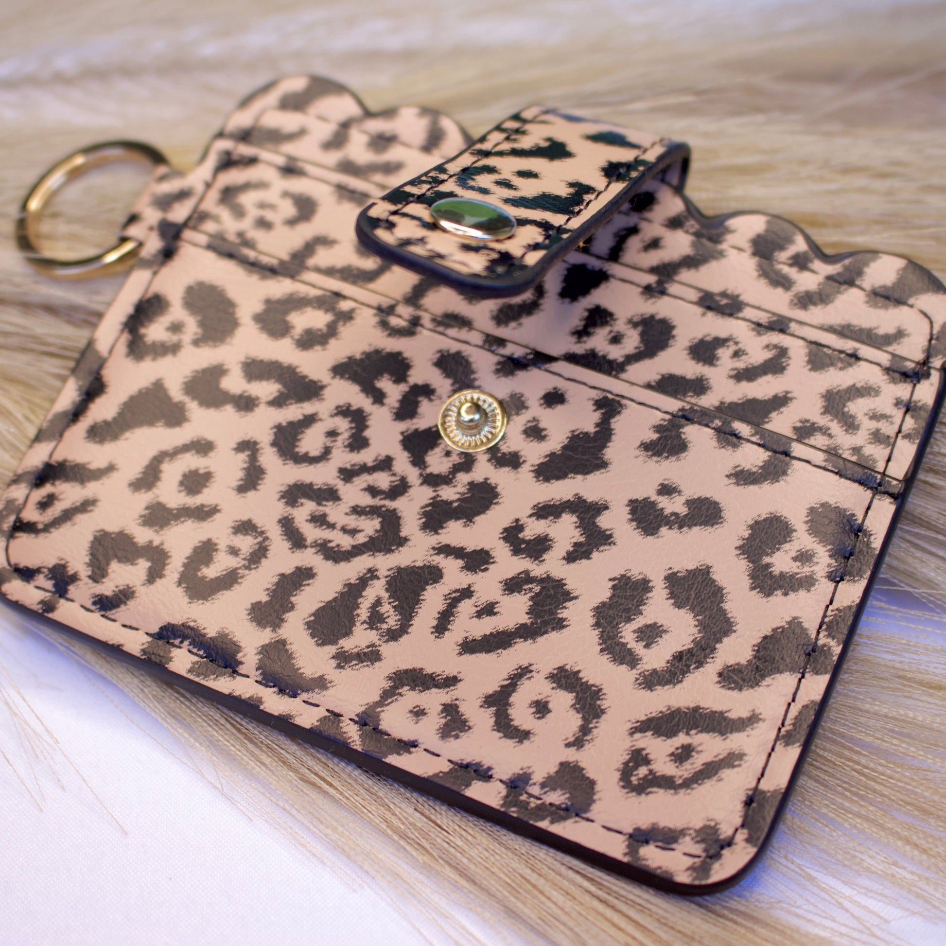 Adorable Silicone Bracelet Keychain Wallet close up cheetah print 