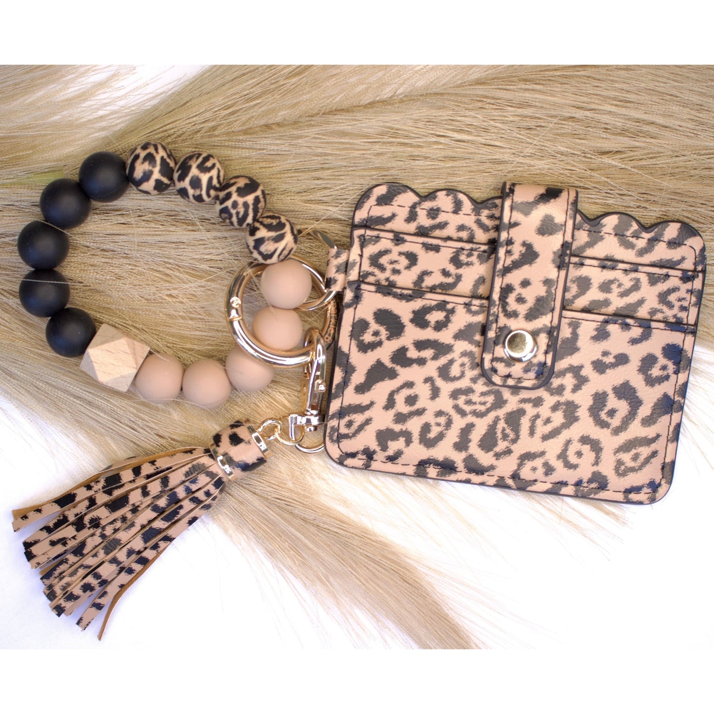 Adorable Silicone Bracelet Keychain Wallet front side, close up cheetah print