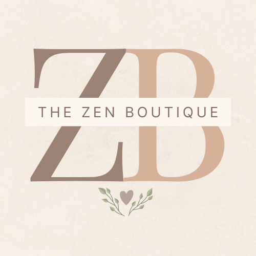 This is the front side for The Zen Boutique Main Logo. With nude neutral, brown, green colors. It has ZB and it says The Zen Boutique 